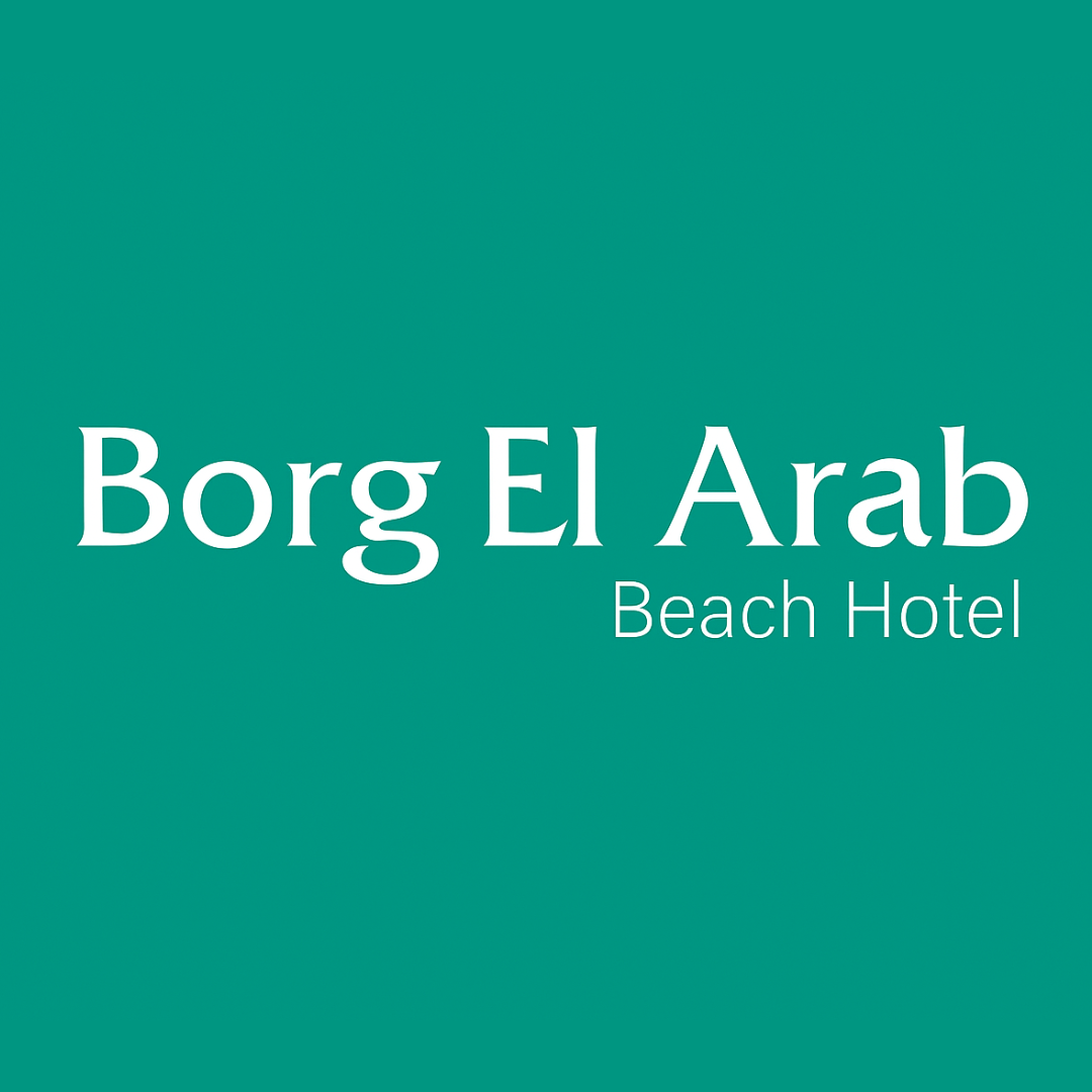 Borg El Arab Beach Hotel logo in white on a teal background